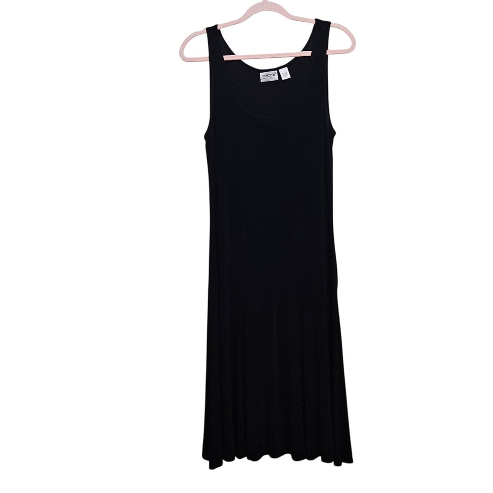 Chico's Travelers Dress 1 M Black Sleeveless Drop Waist Midi Pleated Stretch